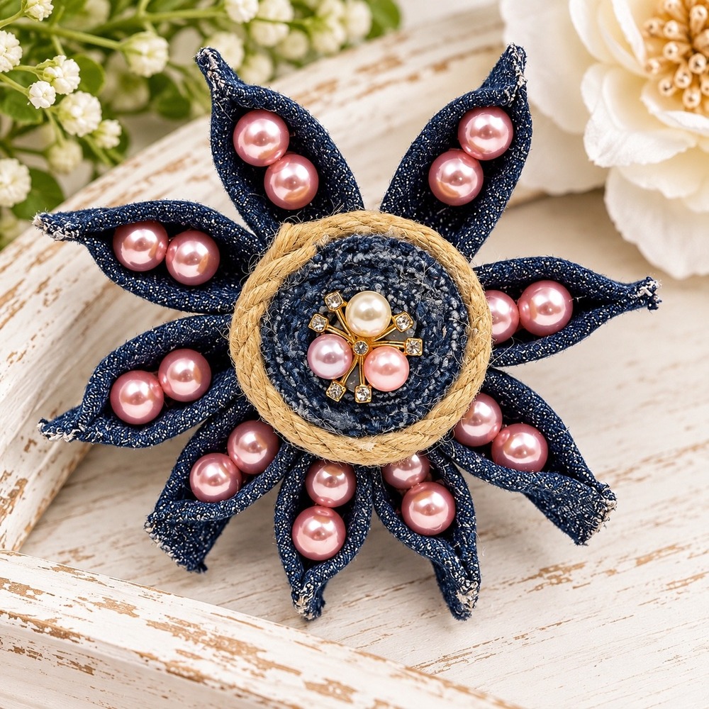Handmade Denim Flower Magnetic Pink Faux Pearl Jute Rope Accent Blue 15